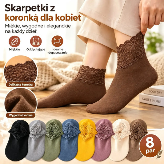 🧦【8 par】Eleganckie skarpetki damskie z koronką 💕 Miękkie, oddychające i elastyczne – 8 kolorów