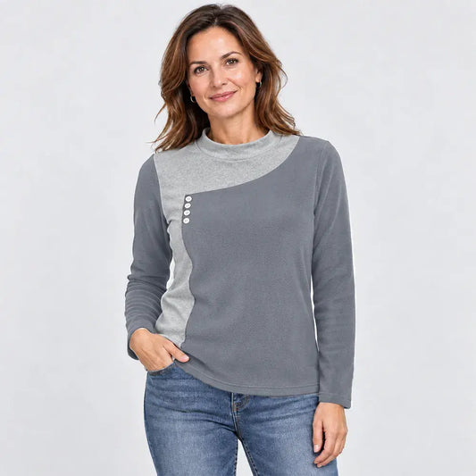 ✨【M-3XL / 6 kolorów】Bluzka ze stójką i ozdobnymi guzikami, w stylu color-block (lekki polar termiczny)