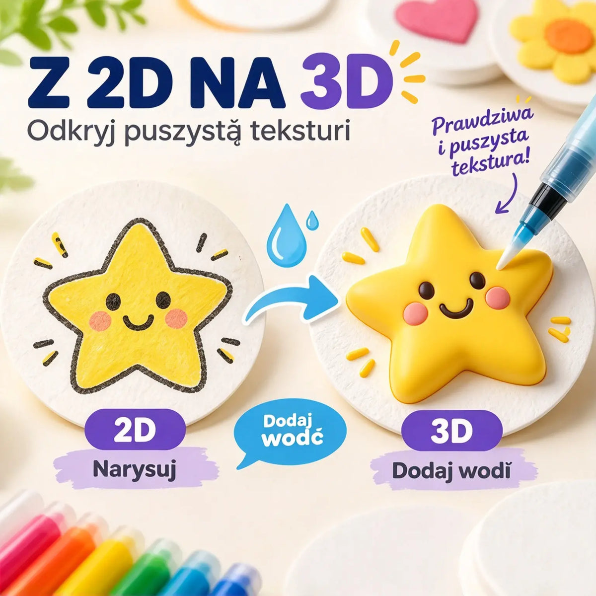 🎨 Magiczne Gąbeczki 3D do Malowania Wodą – Zestaw Kreatywny 46 el. | Puchną po Zwilżeniu 💦 Bez Bałaganu, Mnóstwo Zabawy 🦄
