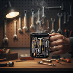 O cană modernă în formă de cutie de scule, concepută creativ, o ceașcă de cafea cu design unic.