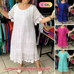 【50% REDUCERE】2026 Rochie tricou nouă cu mâneci scurte, decolteu rotund și dantelă.