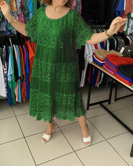 【50% REDUCERE】2026 Rochie tricou nouă cu mâneci scurte, decolteu rotund și dantelă.