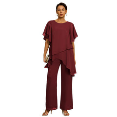 Set Elegant din Șifon: Top Asimetric cu Volane și Pantaloni Lejeri – Ținută Rafinată pentru Evenimente