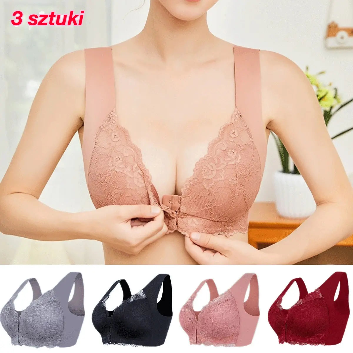 🔥 Oferta limitowana 🔥 【Zestaw 3 szt.】 👙 Biustonosz bez fiszbin z zapięciem z przodu – wygodne podtrzymanie dużego biustu i gładsza linia pleców ✨