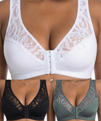 💖Cel mai mic preț de până acum! 【Set 3 piese】【Mărimi L-4XL】😍🩲 Sutien push-up mărime plus: dantelă rafinată, design push-up, cu cupe și închidere frontală.
