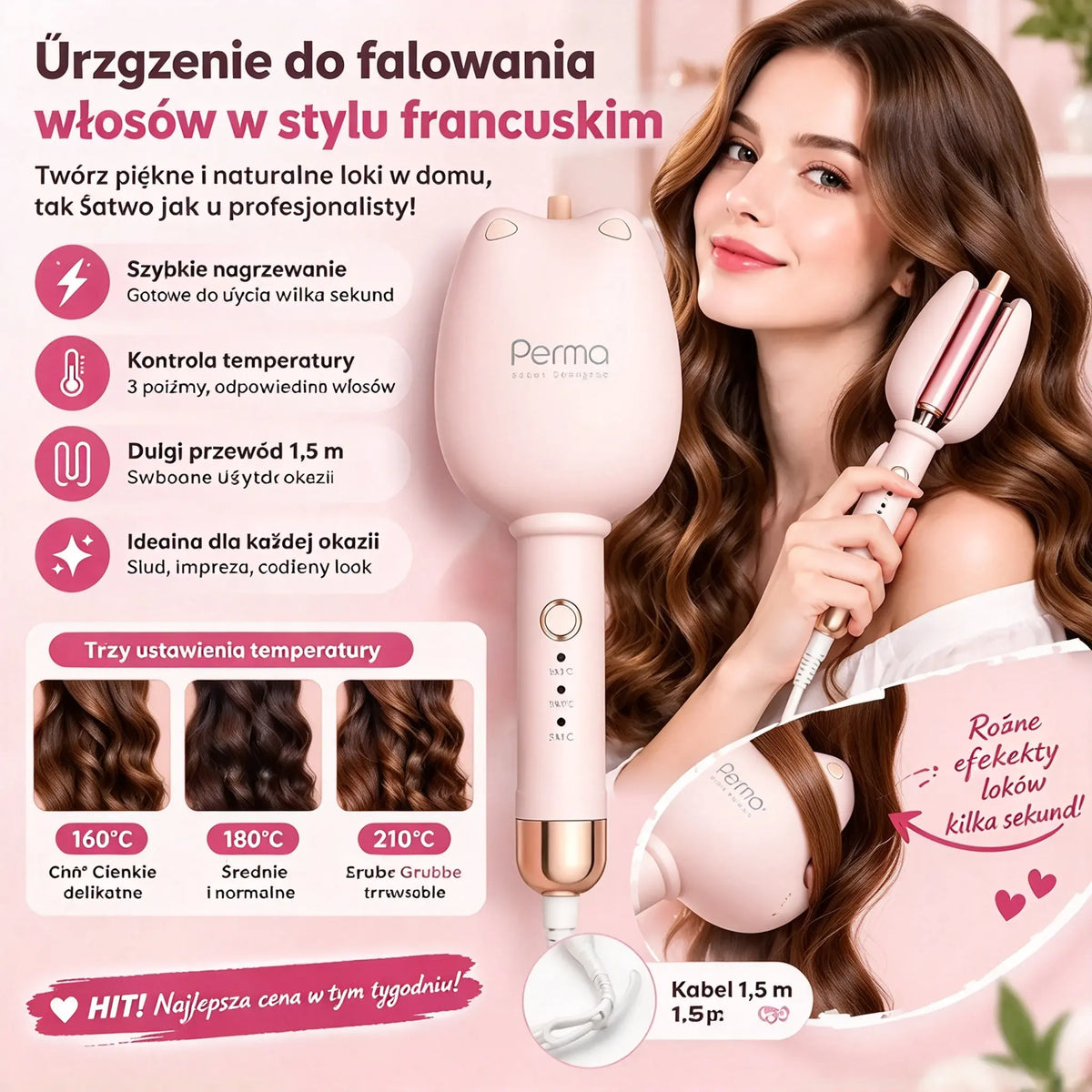 💁‍♀️ Lokówka do fal w stylu francuskim ✨ Szybkie nagrzewanie, regulacja temperatury i piękne fale bez wysiłku!