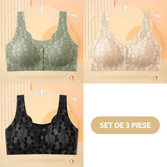 😍【Set 3 piese】 ❤️【40-100 kg】👙Sutien superb din dantelă pentru femei, cu închidere frontală, fără armătură