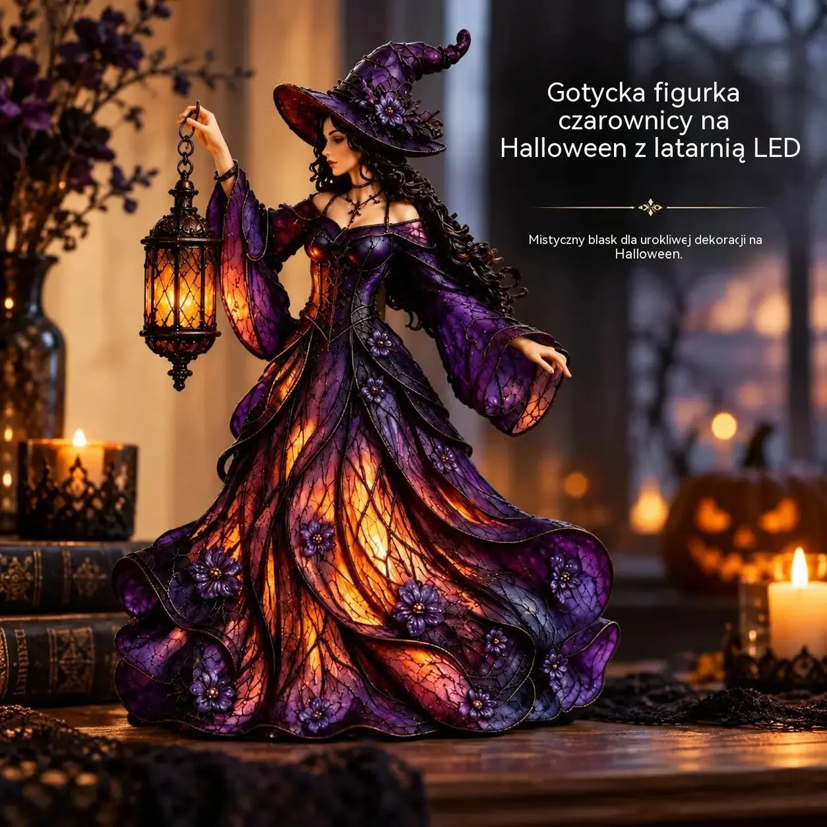 🧙‍♀️ Gotycka figurka czarownicy na Halloween z latarką LED 🧙‍♀️