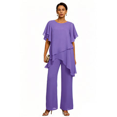 Set Elegant din Șifon: Top Asimetric cu Volane și Pantaloni Lejeri – Ținută Rafinată pentru Evenimente