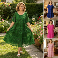 【50% REDUCERE】2026 Rochie tricou nouă cu mâneci scurte, decolteu rotund și dantelă.