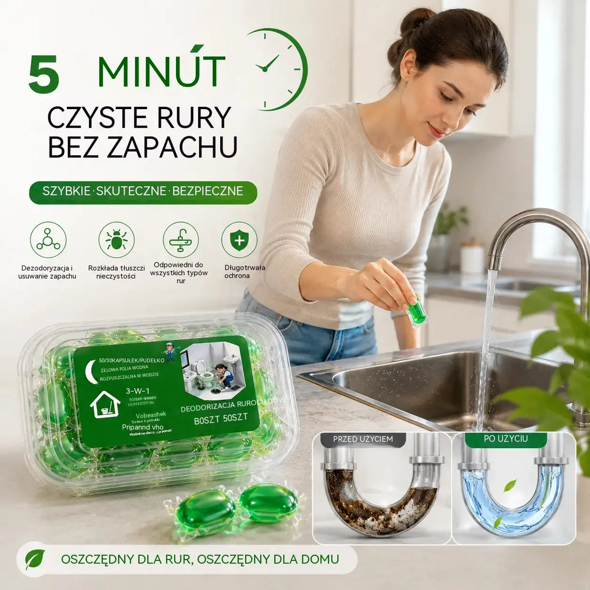 🔥 Kup 1, drugi GRATIS! 2 opakowania / 100 kapsułek za 99 zł 💧 Koniec z brzydkim zapachem z odpływu! Rozpuszczalne kapsułki czyszczące 🚿✨