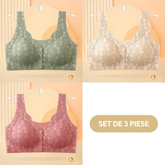 😍【Set 3 piese】 ❤️【40-100 kg】👙Sutien superb din dantelă pentru femei, cu închidere frontală, fără armătură