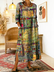 💟【S-5XL】Rochie de damă din bumbac cu imprimeu etnic și patchwork, cu bordură din dantelă