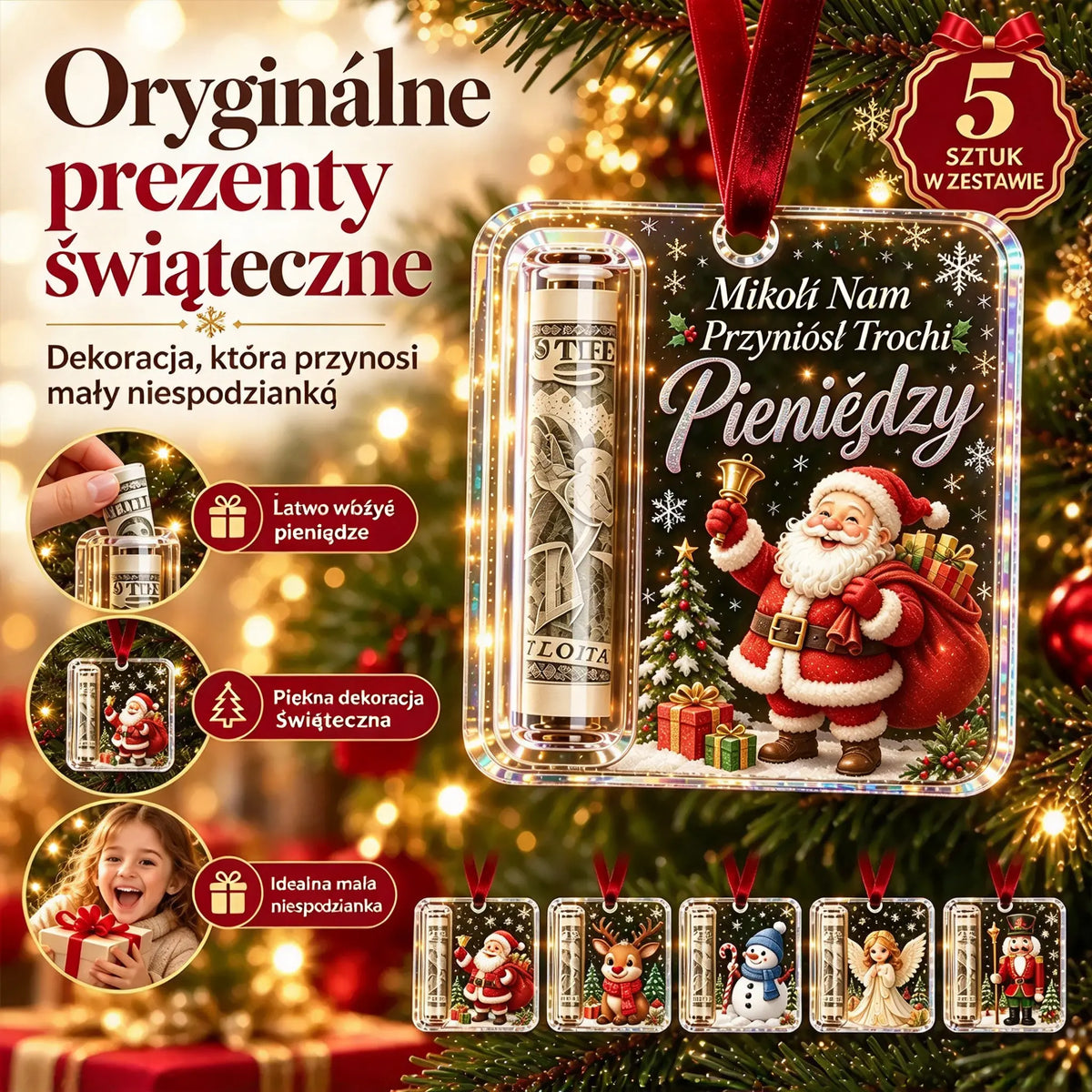 🎄 Bombki na Pieniądze – Zestaw 5 Sztuk 💵🎁 Oryginalny Prezent Świąteczny, Który Zaskoczy Bliskich! ✨