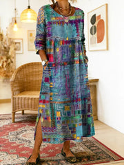 💟【S-5XL】Rochie de damă din bumbac cu imprimeu etnic și patchwork, cu bordură din dantelă