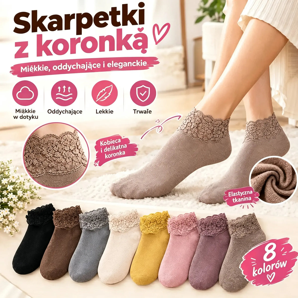 🧦【8 par】Eleganckie skarpetki damskie z koronką 💕 Miękkie, oddychające i elastyczne – 8 kolorów