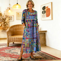 💟【S-5XL】Rochie de damă din bumbac cu imprimeu etnic și patchwork, cu bordură din dantelă