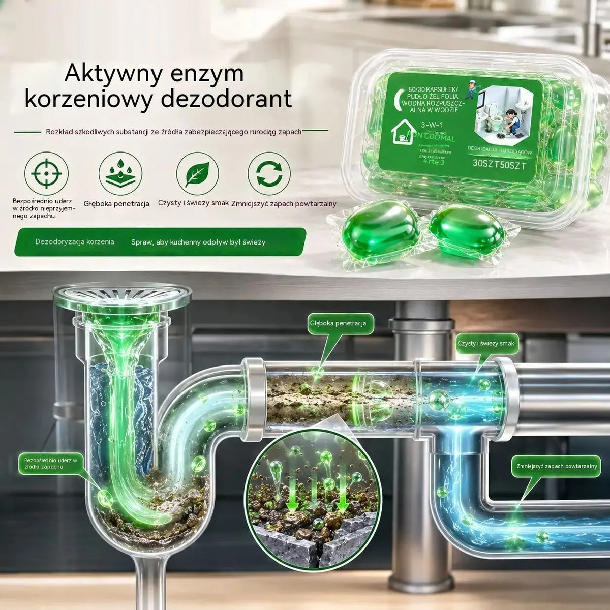 🔥 Kup 1, drugi GRATIS! 2 opakowania / 100 kapsułek za 99 zł 💧 Koniec z brzydkim zapachem z odpływu! Rozpuszczalne kapsułki czyszczące 🚿✨