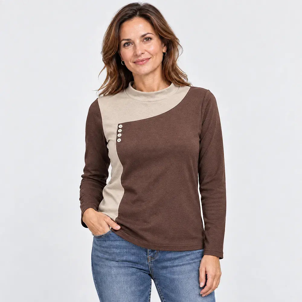 ✨【M-3XL / 6 kolorów】Bluzka ze stójką i ozdobnymi guzikami, w stylu color-block (lekki polar termiczny)