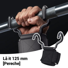 Set 2 Cârlige Fitness pentru Culturism și Haltere, Suport Lărgit de 125mm, Chingi pentru Încheietură Anti-Alunecare, Capacitate 250kg pentru Tracțiuni și Îndreptări