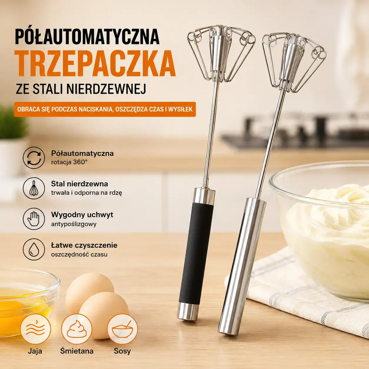 🎁🥚99 zł — Kup 1, drugi GRATIS! 🍳✨ Półautomatyczna trzepaczka do jajek ze stali nierdzewnej