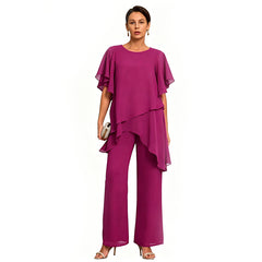 Set Elegant din Șifon: Top Asimetric cu Volane și Pantaloni Lejeri – Ținută Rafinată pentru Evenimente