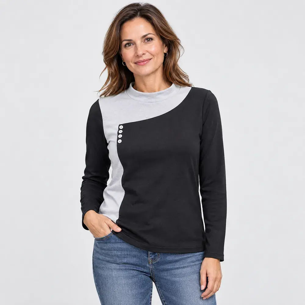✨【M-3XL / 6 kolorów】Bluzka ze stójką i ozdobnymi guzikami, w stylu color-block (lekki polar termiczny)
