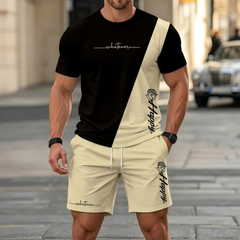 ✨【Ramburs la livrare】Set sport de vară pentru bărbați, format din 2 piese - tricou confortabil cu mânecă scurtă și pantaloni scurți pentru purtare zilnică și acasă