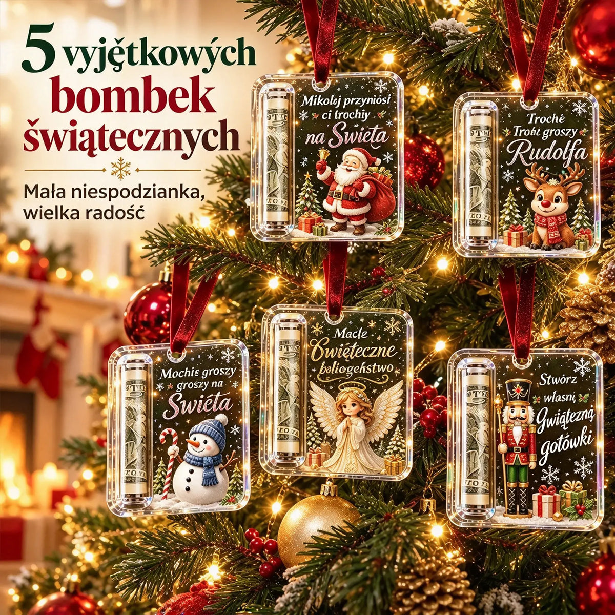 🎄 Bombki na Pieniądze – Zestaw 5 Sztuk 💵🎁 Oryginalny Prezent Świąteczny, Który Zaskoczy Bliskich! ✨