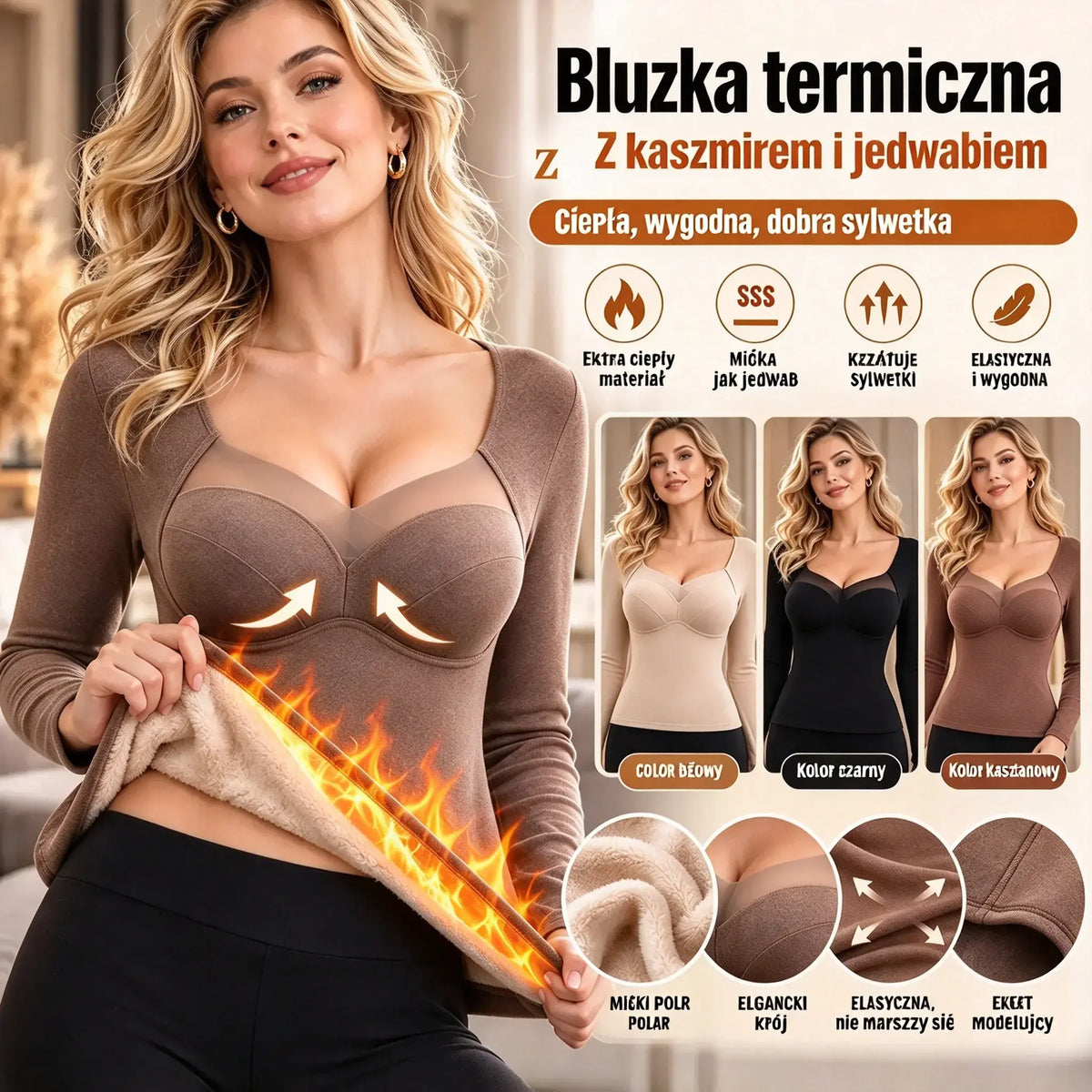 【XL-3XL】Damowa bielizna termiczna z wkładkami – jednoczęściowa, ocieplana, gruba, szybko grzejąca, z długim rękawem