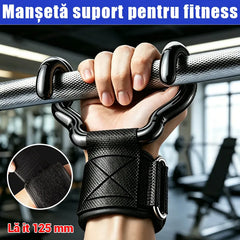 Set 2 Cârlige Fitness pentru Culturism și Haltere, Suport Lărgit de 125mm, Chingi pentru Încheietură Anti-Alunecare, Capacitate 250kg pentru Tracțiuni și Îndreptări