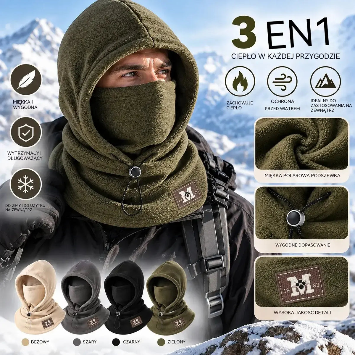 🚴 Tylko 109 zł  | 🧢 Ciepła Czapka 3w1 z Polarem ❄️ Ochrona przed Zimnem i Wiatrem na Jesień i Zimę