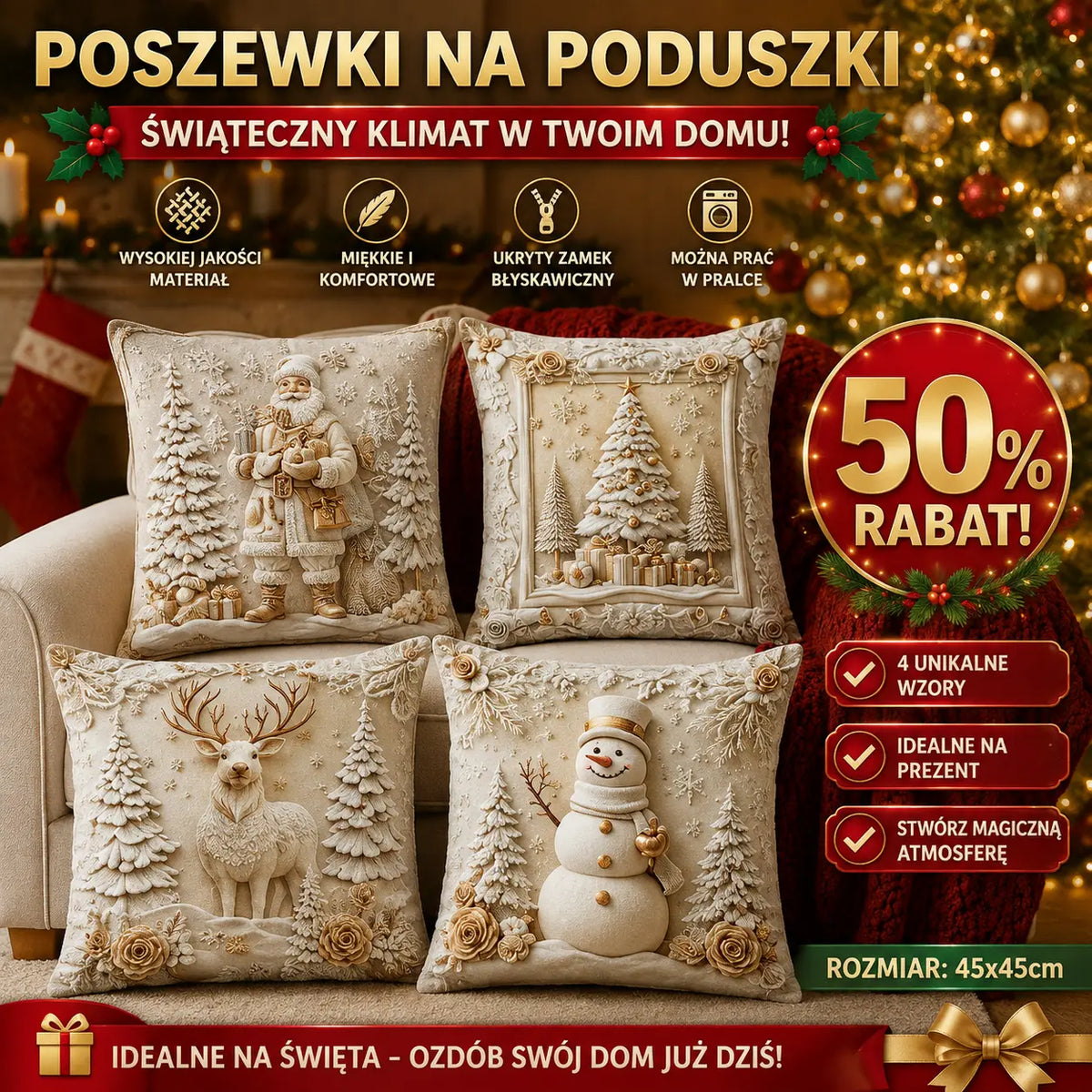 【Zestaw 4 elementów】🎅Wyprzedaż świąteczna 49% TANIEJ🎄Poszewka na poduszkę z motywem świątecznym