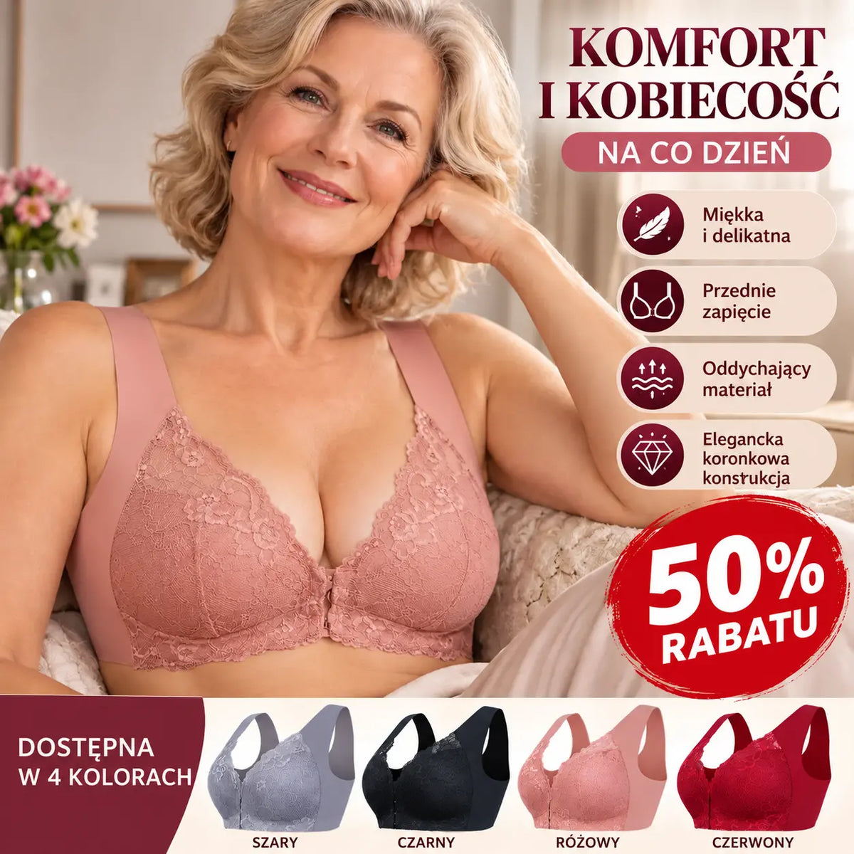 🔥 Oferta limitowana 🔥 【Zestaw 3 szt.】 👙 Biustonosz bez fiszbin z zapięciem z przodu – wygodne podtrzymanie dużego biustu i gładsza linia pleców ✨