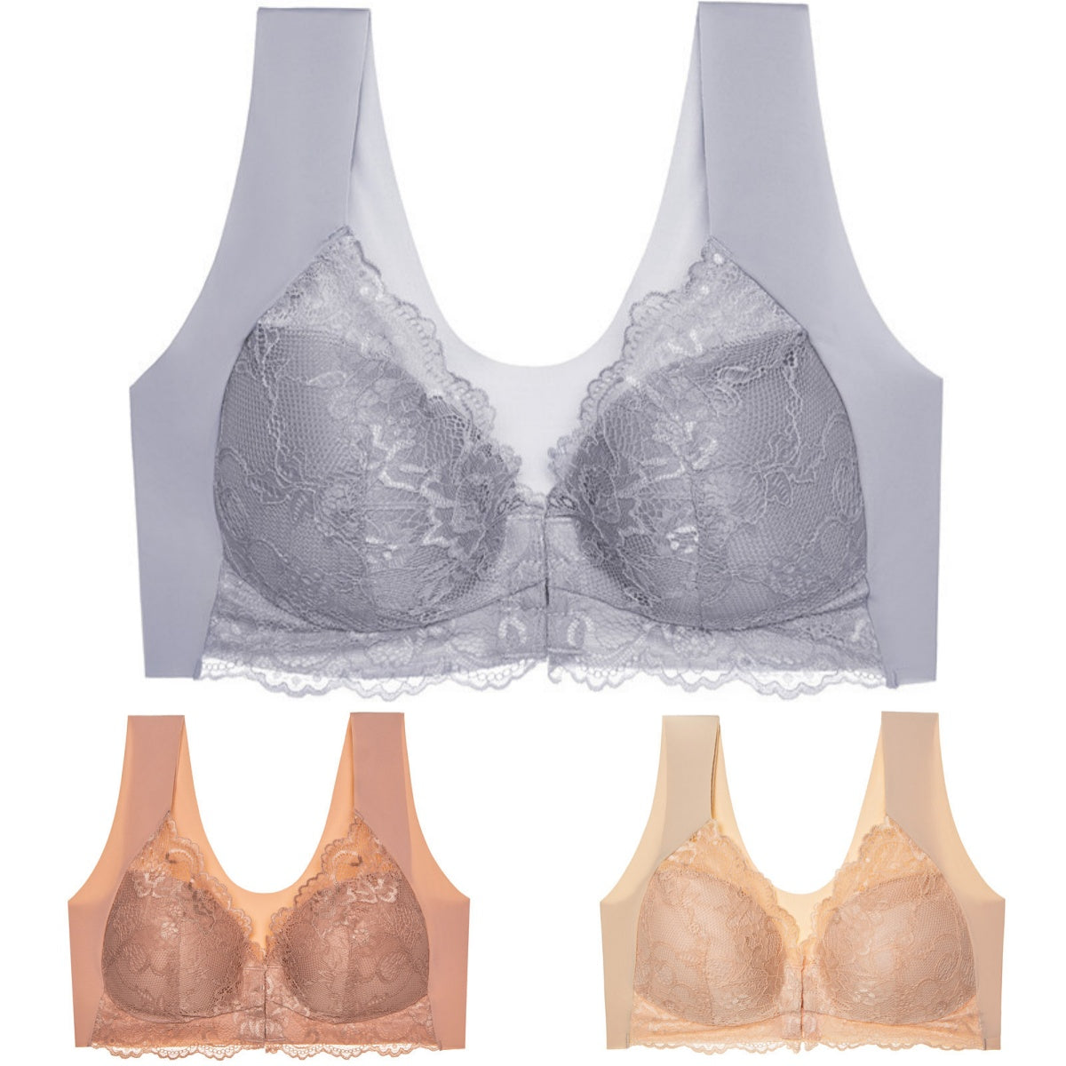 🔥 Oferta limitowana 🔥 【Zestaw 3 szt.】 👙 Biustonosz bez fiszbin z zapięciem z przodu – wygodne podtrzymanie dużego biustu i gładsza linia pleców ✨