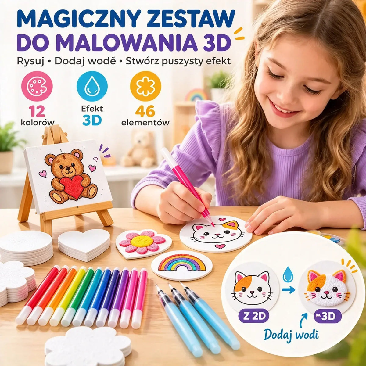 🎨 Magiczne Gąbeczki 3D do Malowania Wodą – Zestaw Kreatywny 46 el. | Puchną po Zwilżeniu 💦 Bez Bałaganu, Mnóstwo Zabawy 🦄