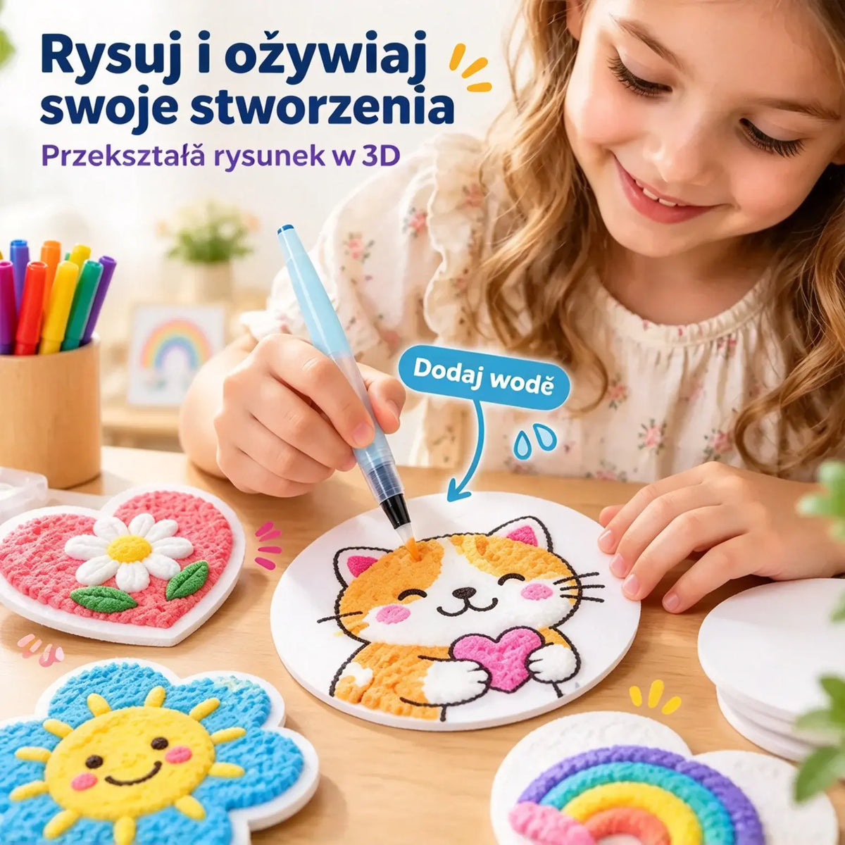 🎨 Magiczne Gąbeczki 3D do Malowania Wodą – Zestaw Kreatywny 46 el. | Puchną po Zwilżeniu 💦 Bez Bałaganu, Mnóstwo Zabawy 🦄