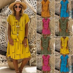 【45% REDUCERE】【🏆 Cumpără 1, primești 1 gratuit】👗【S-5XL】Rochie din bumbac imprimată cu decolteu în V