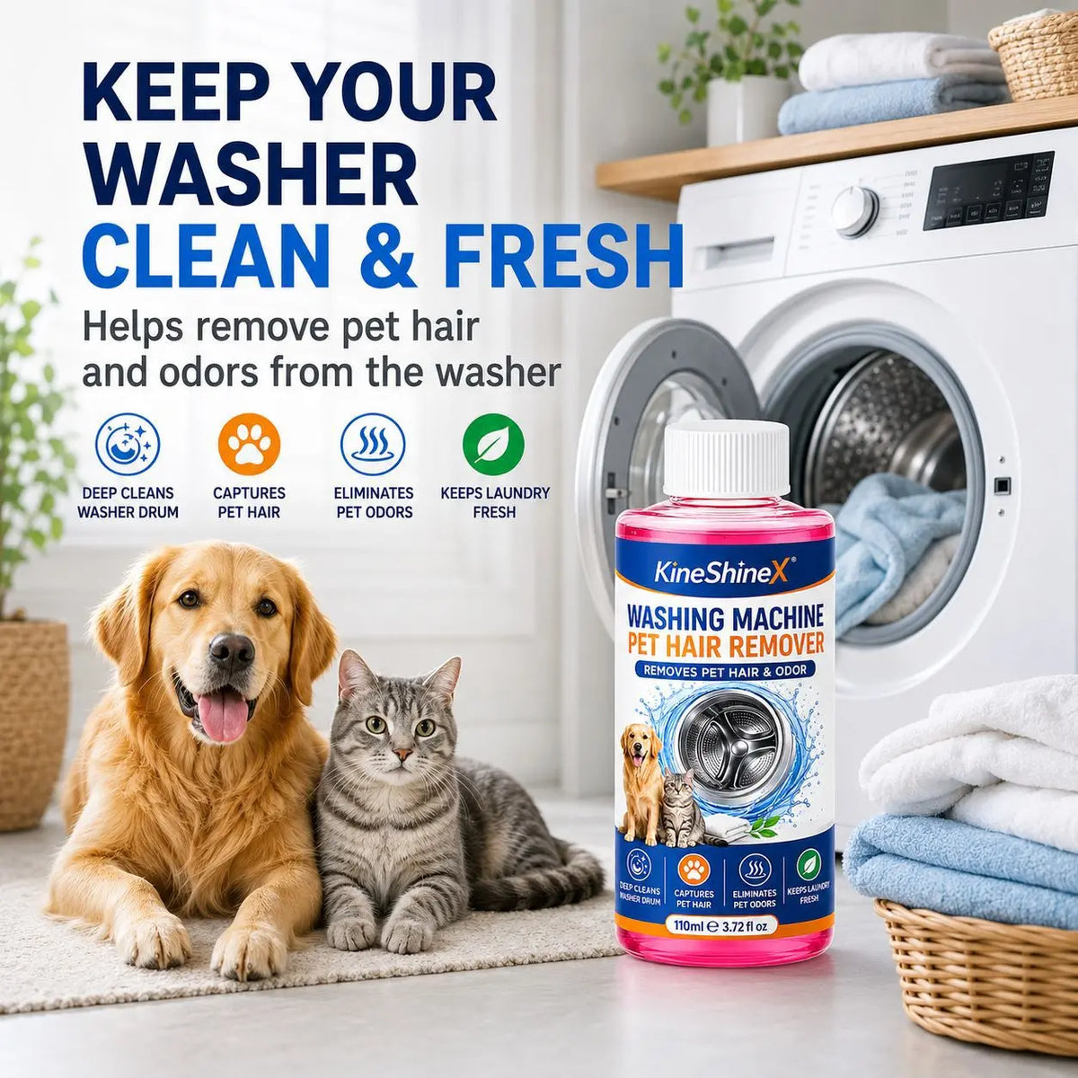 KUP 1, DRUGI GRATIS! 🎁 2 × 110 ml 🧼 Płyn do gruntownego czyszczenia pralki i usuwania sierści zwierząt - Koniec z sierścią w pralce!🐾