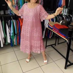 【50% REDUCERE】2026 Rochie tricou nouă cu mâneci scurte, decolteu rotund și dantelă.