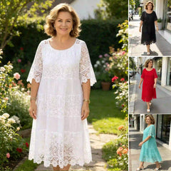【50% REDUCERE】2026 Rochie tricou nouă cu mâneci scurte, decolteu rotund și dantelă.