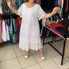 【50% REDUCERE】2026 Rochie tricou nouă cu mâneci scurte, decolteu rotund și dantelă.