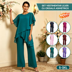 Set Elegant din Șifon: Top Asimetric cu Volane și Pantaloni Lejeri – Ținută Rafinată pentru Evenimente