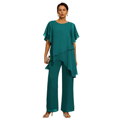 Set Elegant din Șifon: Top Asimetric cu Volane și Pantaloni Lejeri – Ținută Rafinată pentru Evenimente
