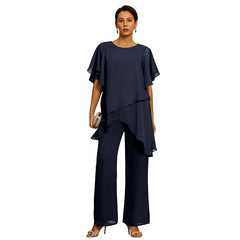 Set Elegant din Șifon: Top Asimetric cu Volane și Pantaloni Lejeri – Ținută Rafinată pentru Evenimente