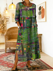 💟【S-5XL】Rochie de damă din bumbac cu imprimeu etnic și patchwork, cu bordură din dantelă